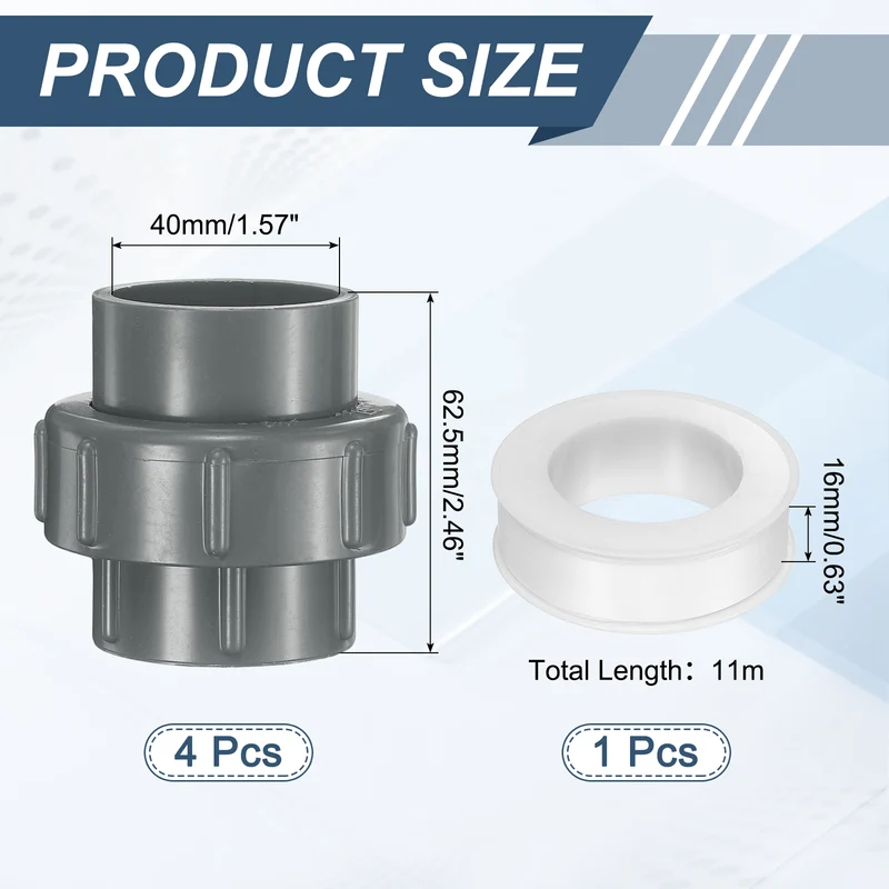4Pcs 40mm(1-1/4") PVC-Union Coupling Pipe Fitting Slip Joint Adapter, Gray