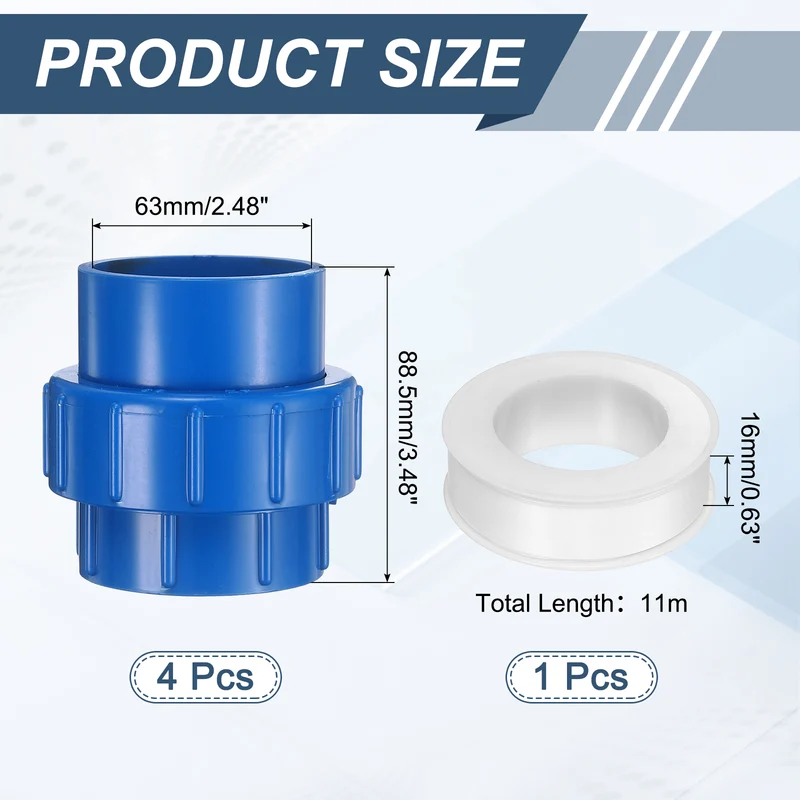 4Pcs 63mm(2") PVC-Union Coupling Pipe Fitting Slip Joint Adapter, Blue