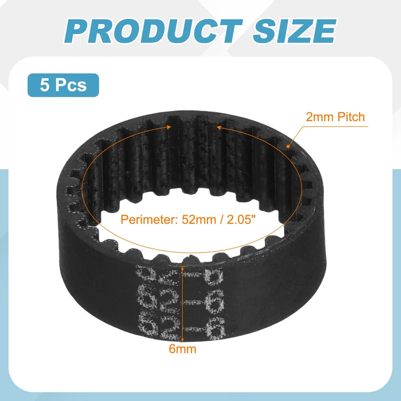 52mm GT-2 Timing Belt, 5pcs 6mm Width 2mm Pitch 3D Printing Closed Loop, Black
