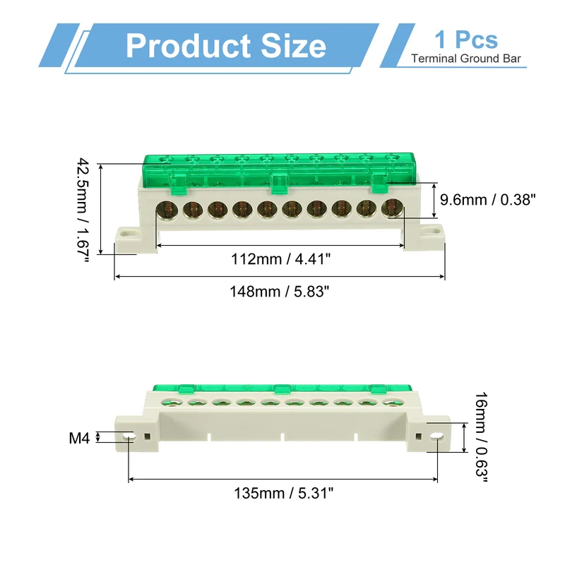 Terminal Ground Bar, 10 Positions 9x14mm Ground Block for Electrical, Green