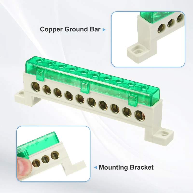 Terminal Ground Bar, 10 Positions 9x14mm Ground Block for Electrical, Green