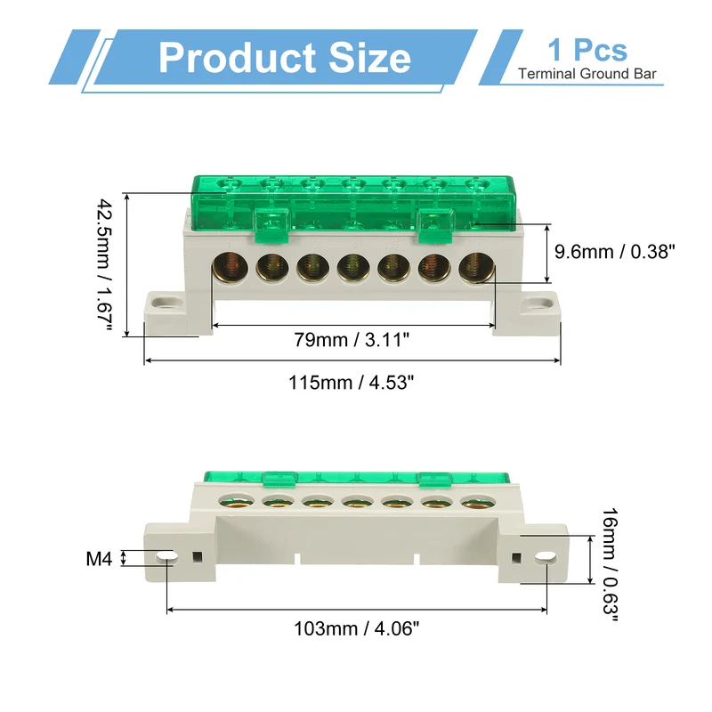 Terminal Ground Bar, 7 Positions 9x14mm Ground Block for Electrical, Green