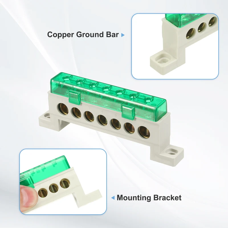Terminal Ground Bar, 7 Positions 9x14mm Ground Block for Electrical, Green