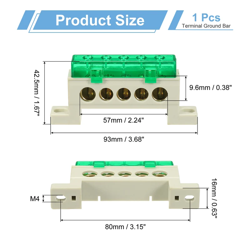 Terminal Ground Bar, 5 Positions 9x14mm Ground Block for Electrical, Green
