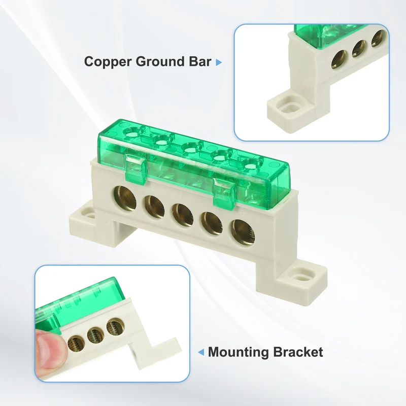 Terminal Ground Bar, 5 Positions 9x14mm Ground Block for Electrical, Green