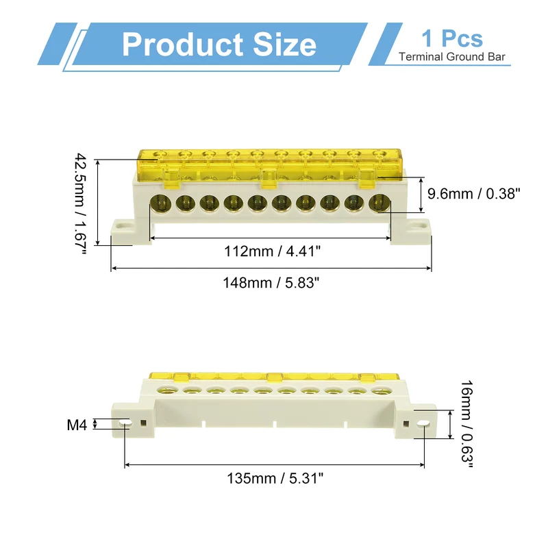 Terminal Ground Bar, 10 Positions 9x14mm Ground Block for Electrical, Yellow