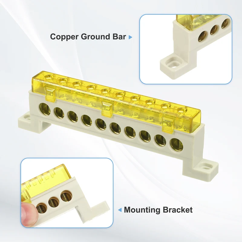 Terminal Ground Bar, 10 Positions 9x14mm Ground Block for Electrical, Yellow