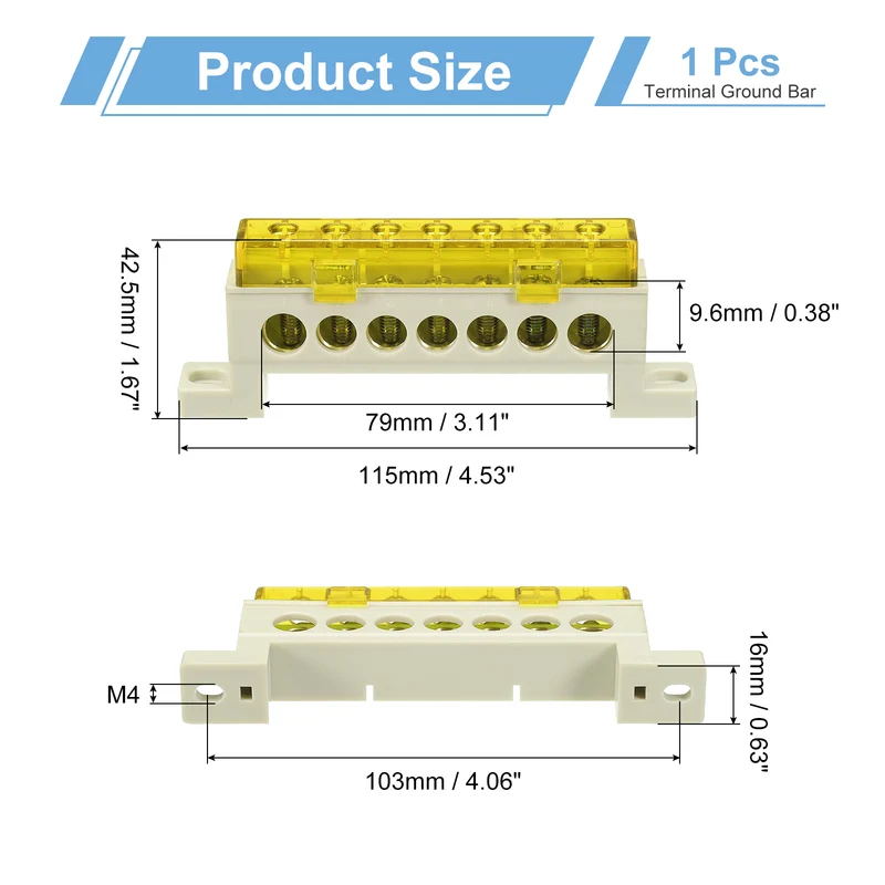 Terminal Ground Bar, 7 Positions 9x14mm Ground Block for Electrical, Yellow