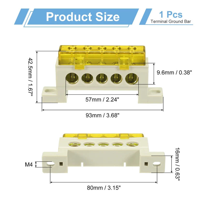 Terminal Ground Bar, 5 Positions 9x14mm Ground Block for Electrical, Yellow