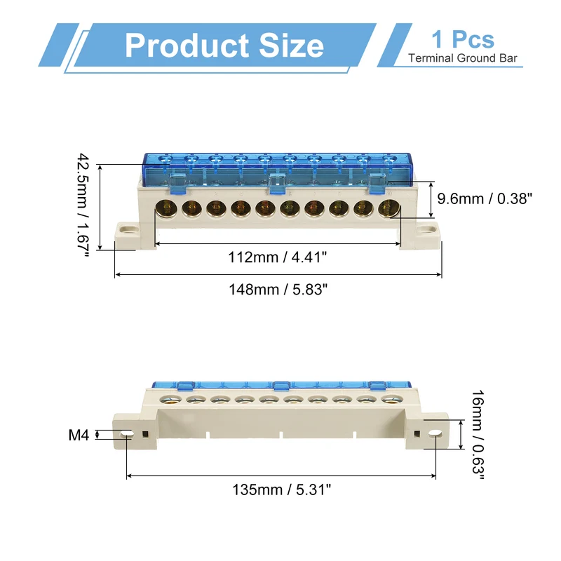 Terminal Ground Bar, 10 Positions 9x14mm Ground Block for Electrical, Blue