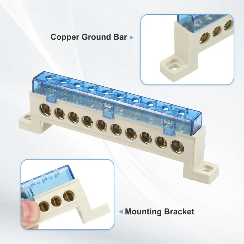 Terminal Ground Bar, 10 Positions 9x14mm Ground Block for Electrical, Blue