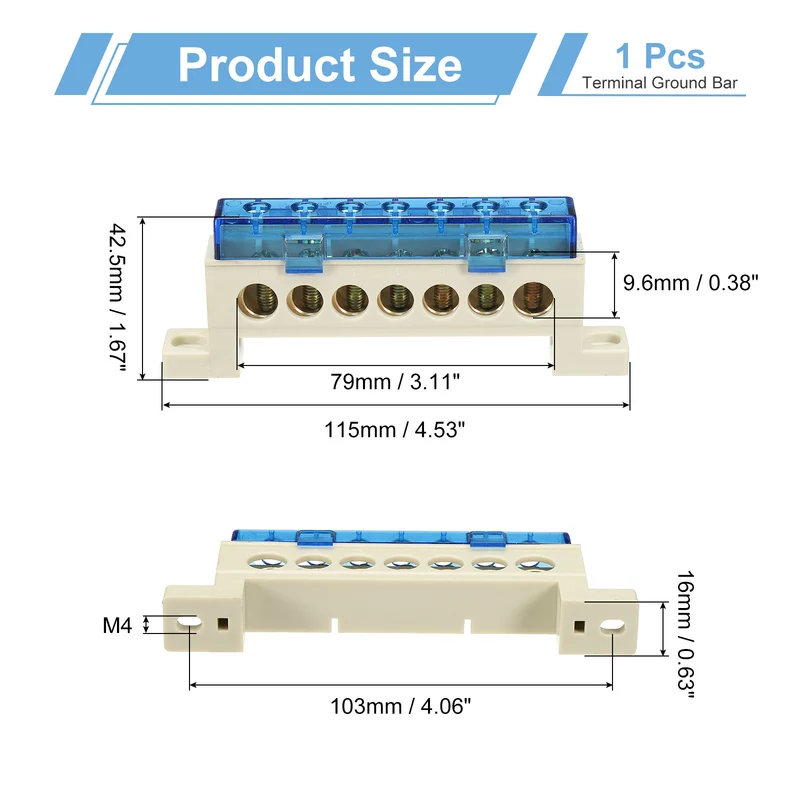 Terminal Ground Bar, 7 Positions 9x14mm Ground Block for Electrical, Blue