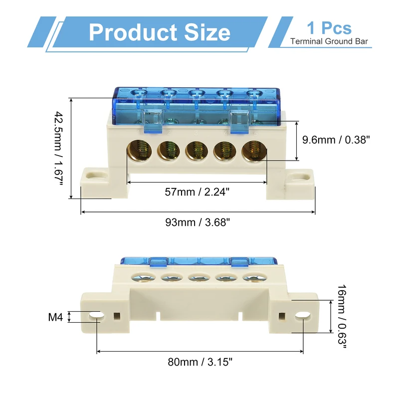 Terminal Ground Bar, 5 Positions 9x14mm Ground Block for Electrical, Blue