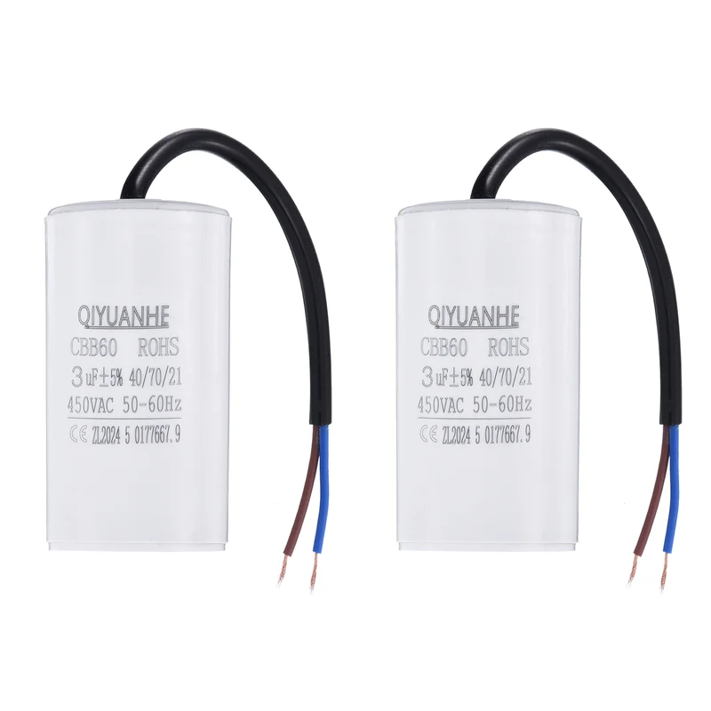 2Pcs CBB60 3uf Running Capacitor 450VAC 50/60Hz 66x35mm