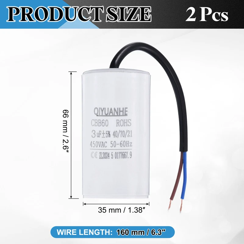 2Pcs CBB60 3uf Running Capacitor 450VAC 50/60Hz 66x35mm