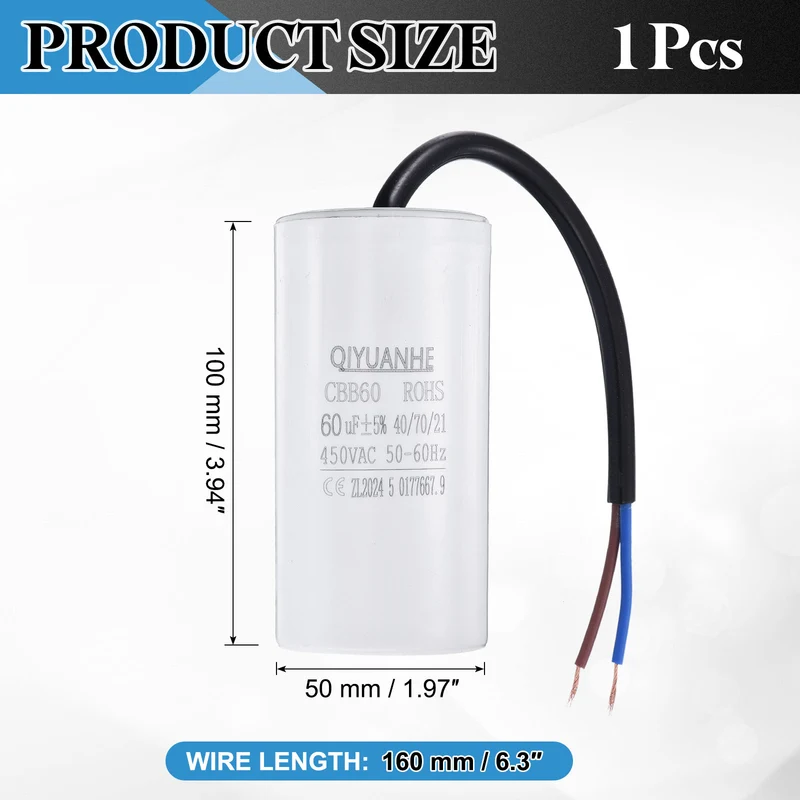 CBB60 60uf Running Capacitor 450VAC 50/60Hz 100x50mm
