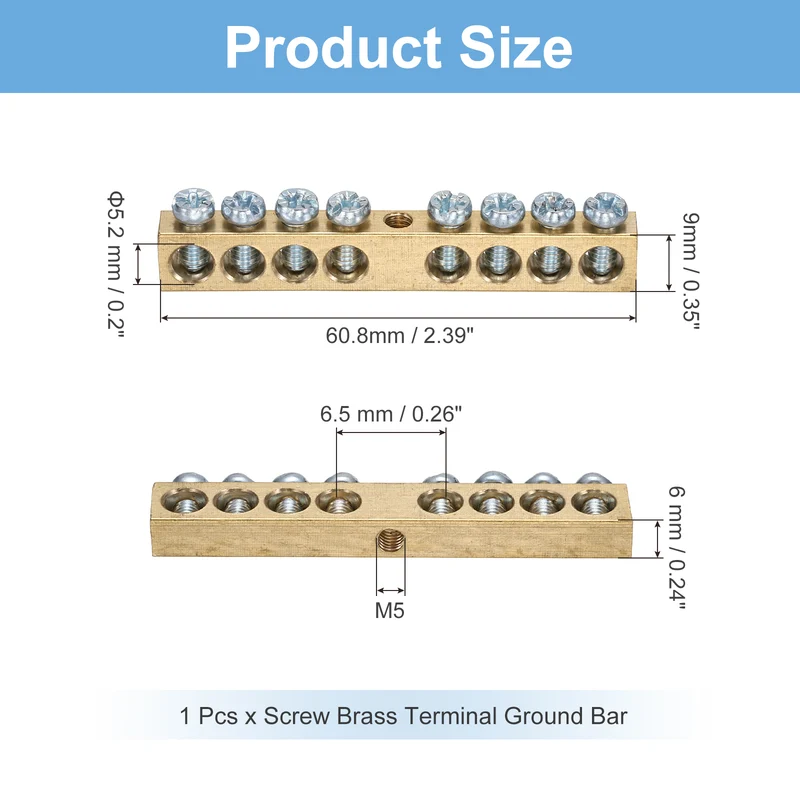 1 Pcs Terminal Ground Bar, 8 Positions M4 60.8x6x9mm Screw Block Barrier Brass
