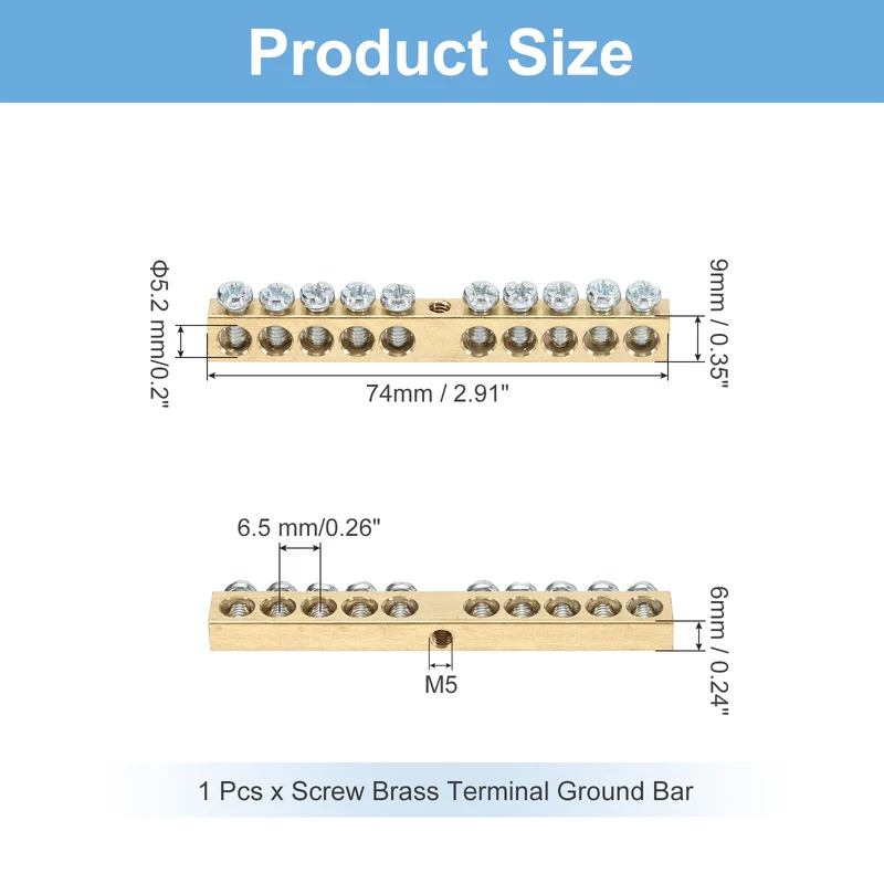 1 Pcs Terminal Ground Bar 10 Positions M4 74x6x9mm Screw Block Barrier Brass