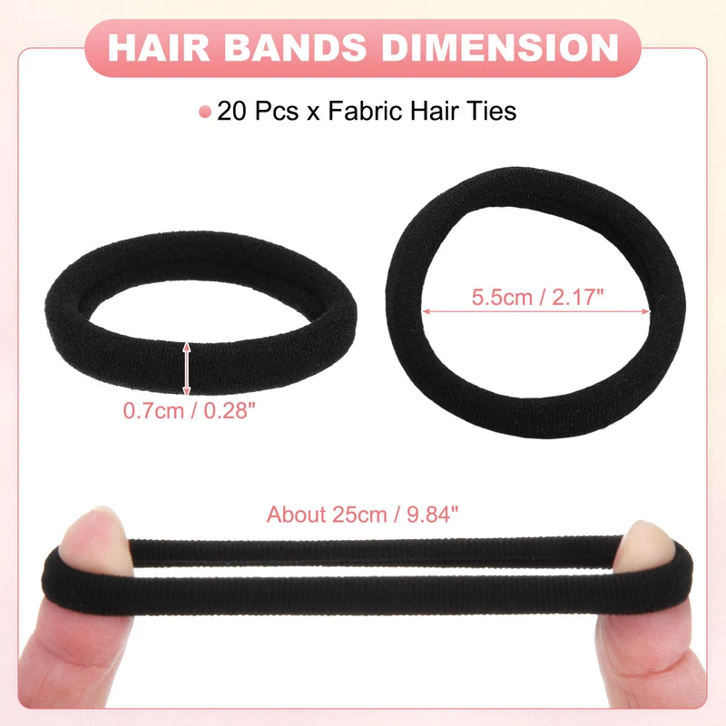 20Pcs Fabric Hair Ties, 2″ ID Nylon Seamless Soft Holders, Black