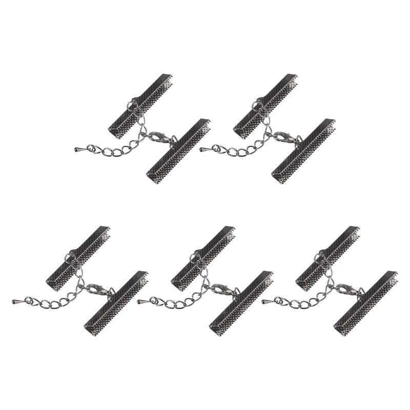 20Sets Ribbon Crimp Clamp Ends with Lobster Claw Clasps & Extension Chain, 40mm Cord End Clasps for DIY Craft Making, Metallic Black