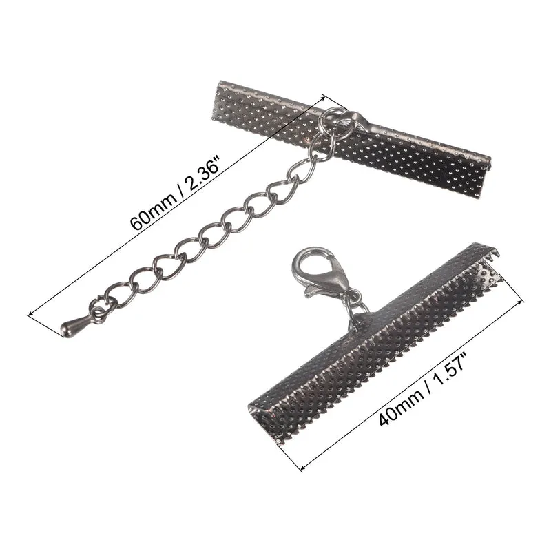 20Sets Ribbon Crimp Clamp Ends with Lobster Claw Clasps & Extension Chain, 40mm Cord End Clasps for DIY Craft Making, Metallic Black