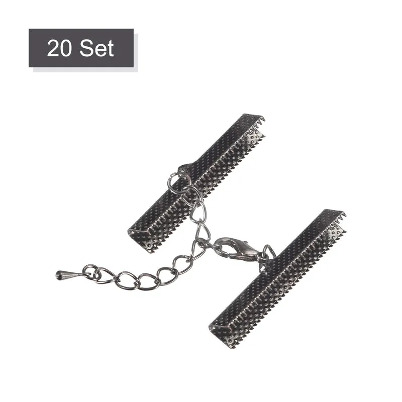 20Sets Ribbon Crimp Clamp Ends with Lobster Claw Clasps & Extension Chain, 40mm Cord End Clasps for DIY Craft Making, Metallic Black