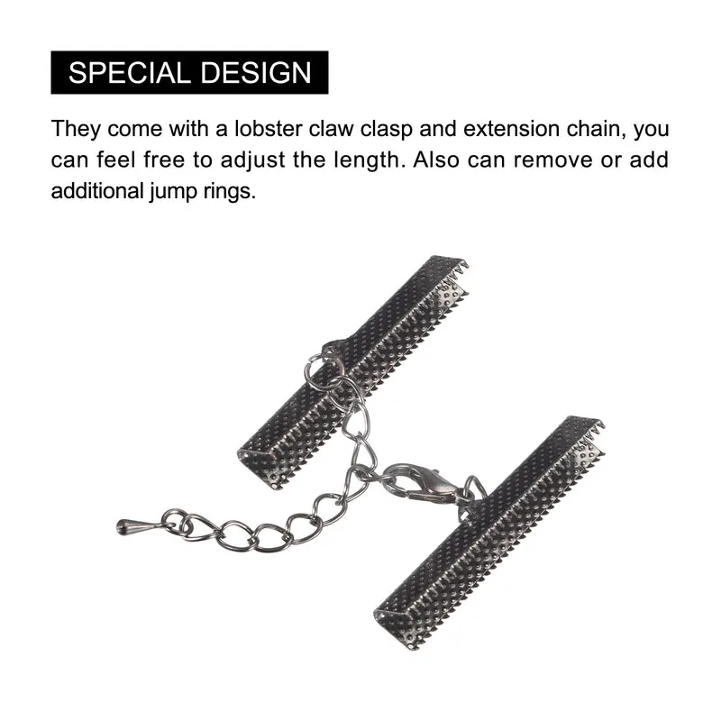 20Sets Ribbon Crimp Clamp Ends with Lobster Claw Clasps & Extension Chain, 40mm Cord End Clasps for DIY Craft Making, Metallic Black