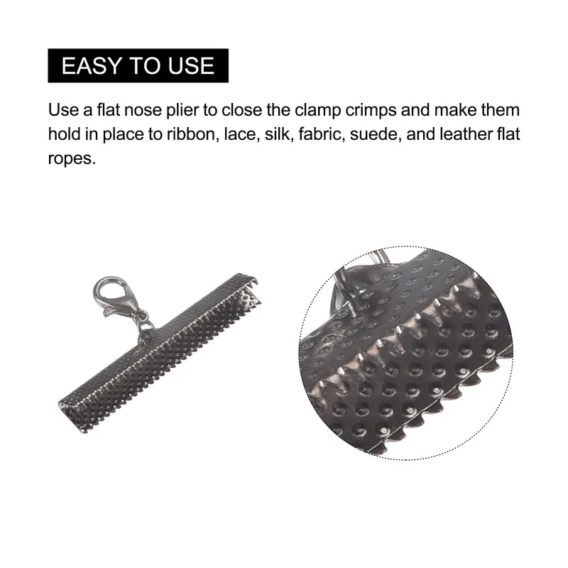 20Sets Ribbon Crimp Clamp Ends with Lobster Claw Clasps & Extension Chain, 40mm Cord End Clasps for DIY Craft Making, Metallic Black