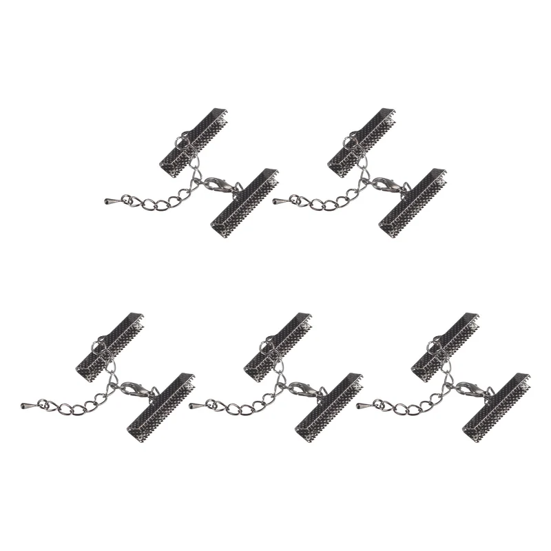 20Sets Ribbon Crimp Clamp Ends with Lobster Claw Clasps & Extension Chain, 30mm Cord End Clasps for DIY Craft Making, Metallic Black