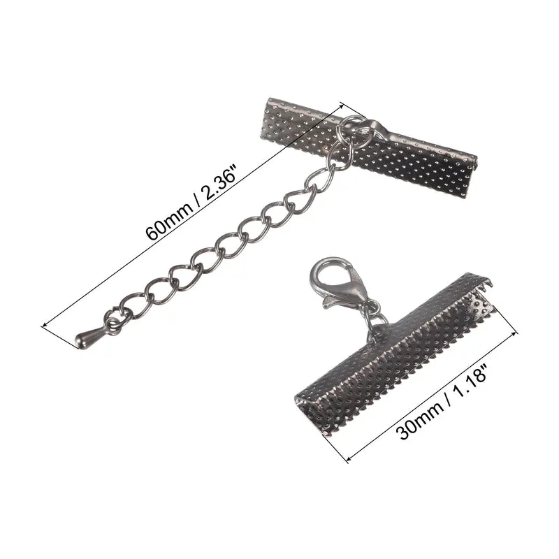 20Sets Ribbon Crimp Clamp Ends with Lobster Claw Clasps & Extension Chain, 30mm Cord End Clasps for DIY Craft Making, Metallic Black