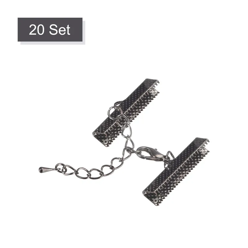 20Sets Ribbon Crimp Clamp Ends with Lobster Claw Clasps & Extension Chain, 30mm Cord End Clasps for DIY Craft Making, Metallic Black