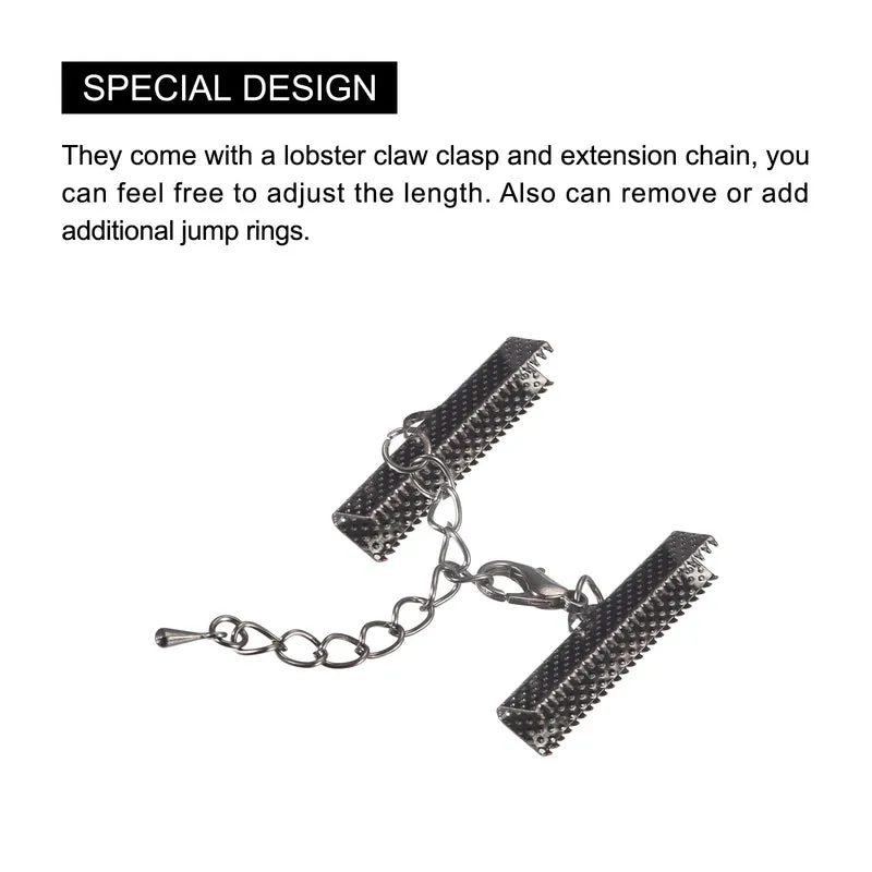 20Sets Ribbon Crimp Clamp Ends with Lobster Claw Clasps & Extension Chain, 30mm Cord End Clasps for DIY Craft Making, Metallic Black