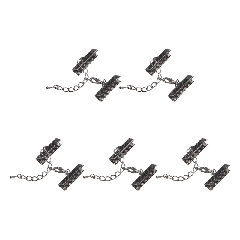 20Sets Ribbon Crimp Clamp Ends with Lobster Claw Clasps & Extension Chain, 25mm Cord End Clasps for DIY Craft Making, Metallic Black