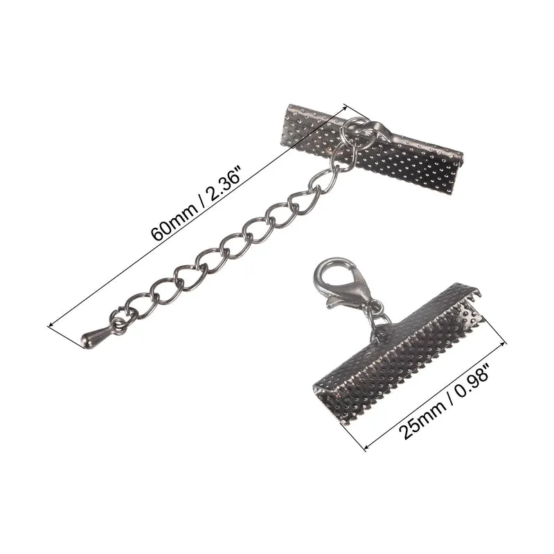 20Sets Ribbon Crimp Clamp Ends with Lobster Claw Clasps & Extension Chain, 25mm Cord End Clasps for DIY Craft Making, Metallic Black