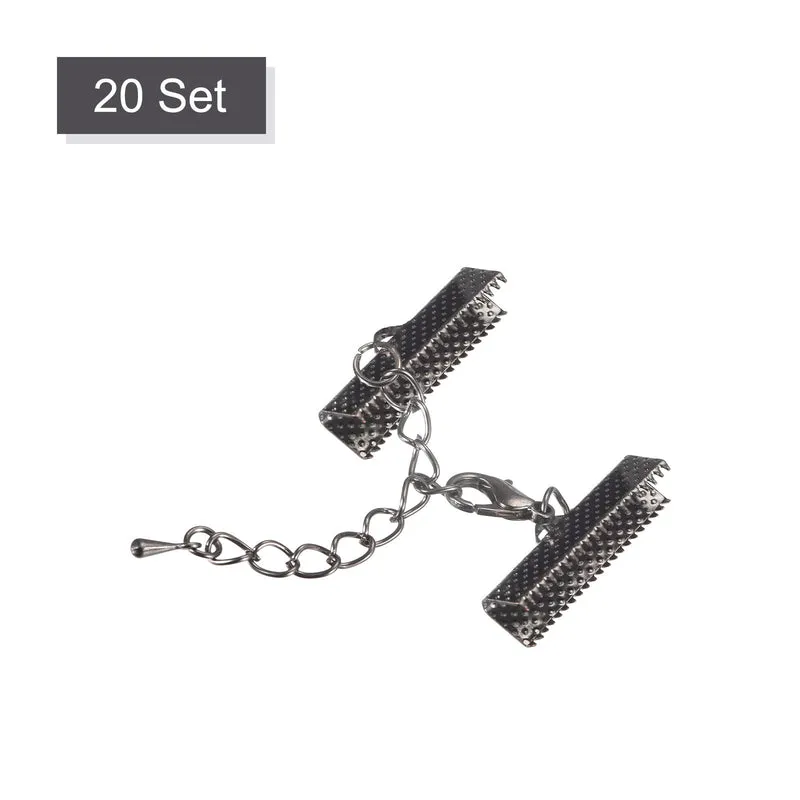 20Sets Ribbon Crimp Clamp Ends with Lobster Claw Clasps & Extension Chain, 25mm Cord End Clasps for DIY Craft Making, Metallic Black