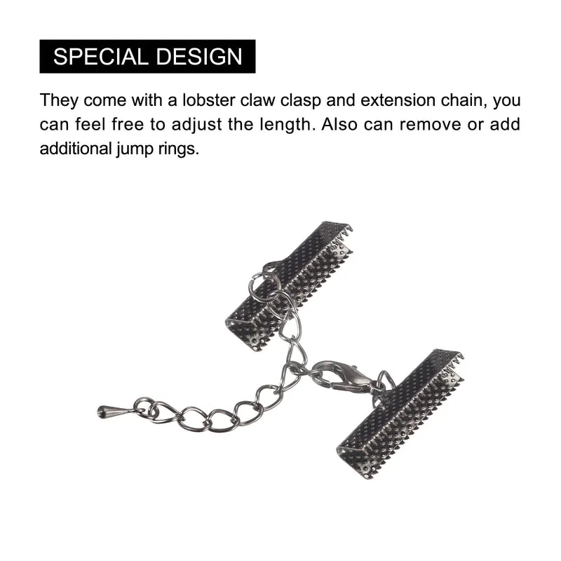 20Sets Ribbon Crimp Clamp Ends with Lobster Claw Clasps & Extension Chain, 25mm Cord End Clasps for DIY Craft Making, Metallic Black