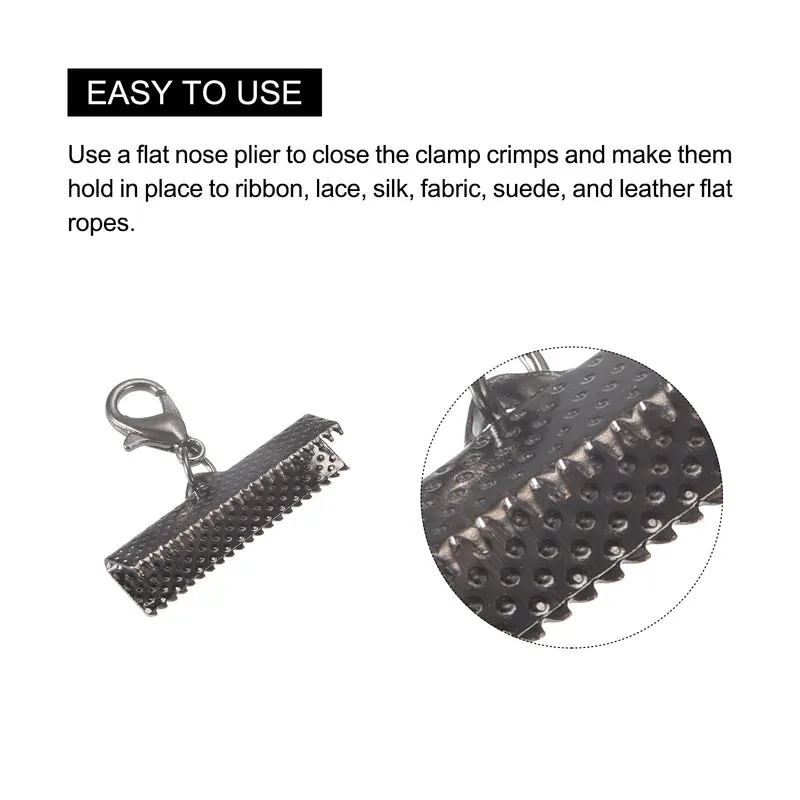 20Sets Ribbon Crimp Clamp Ends with Lobster Claw Clasps & Extension Chain, 25mm Cord End Clasps for DIY Craft Making, Metallic Black