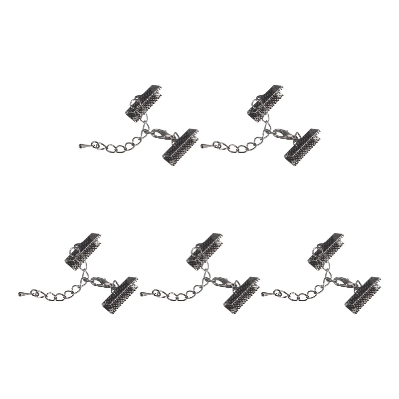 20Sets Ribbon Crimp Clamp Ends with Lobster Claw Clasps & Extension Chain, 20mm Cord End Clasps for DIY Craft Making, Metallic Black