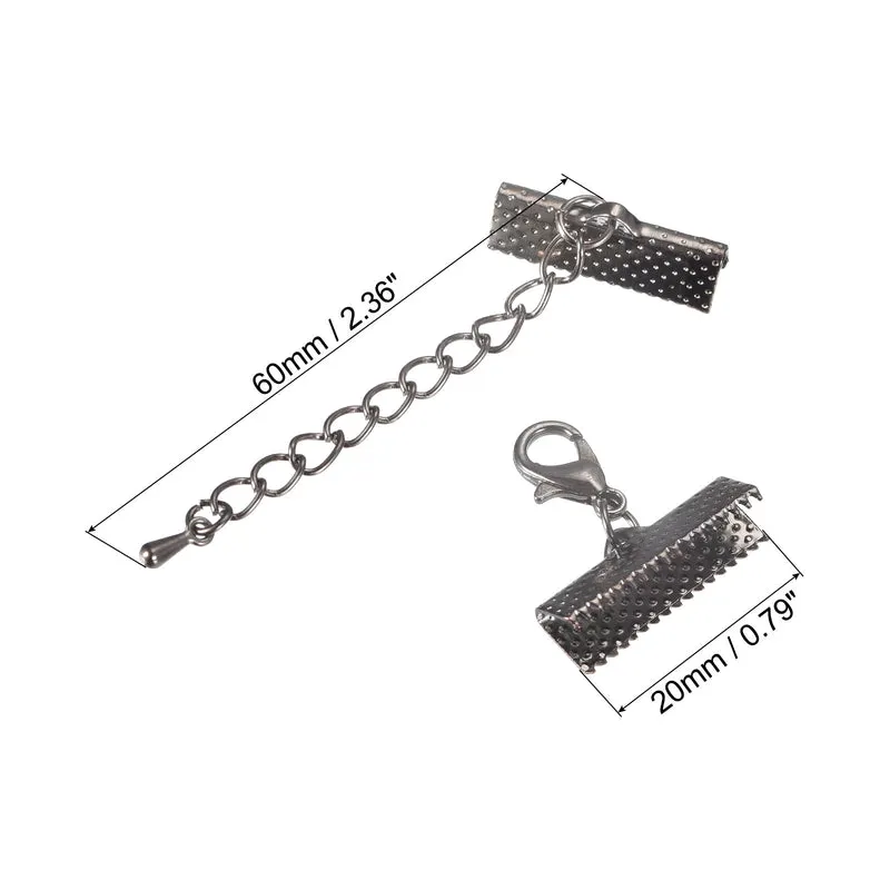 20Sets Ribbon Crimp Clamp Ends with Lobster Claw Clasps & Extension Chain, 20mm Cord End Clasps for DIY Craft Making, Metallic Black