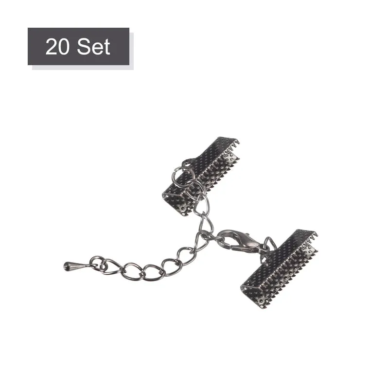 20Sets Ribbon Crimp Clamp Ends with Lobster Claw Clasps & Extension Chain, 20mm Cord End Clasps for DIY Craft Making, Metallic Black