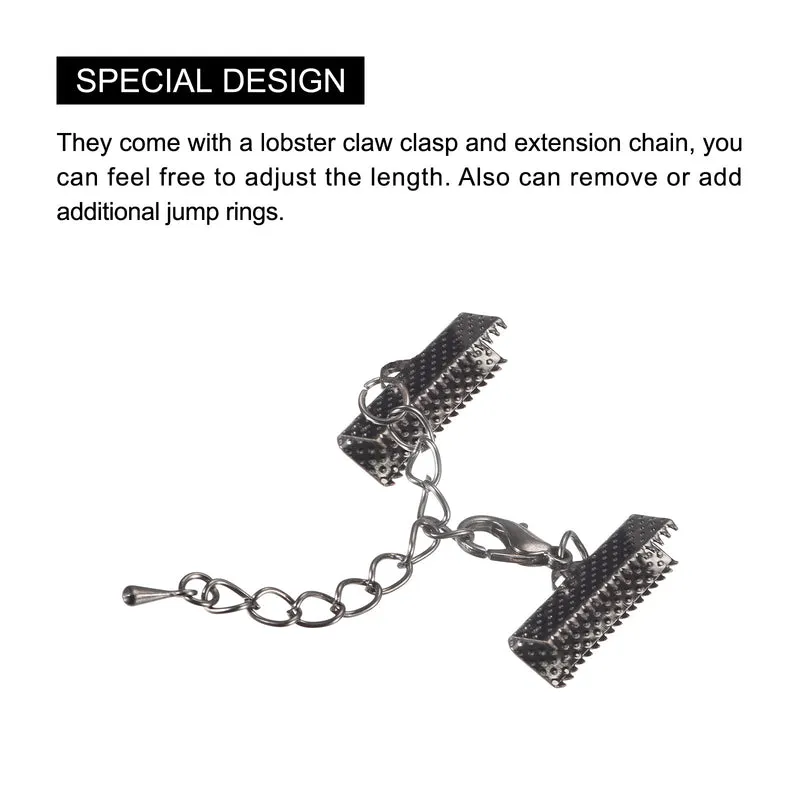 20Sets Ribbon Crimp Clamp Ends with Lobster Claw Clasps & Extension Chain, 20mm Cord End Clasps for DIY Craft Making, Metallic Black