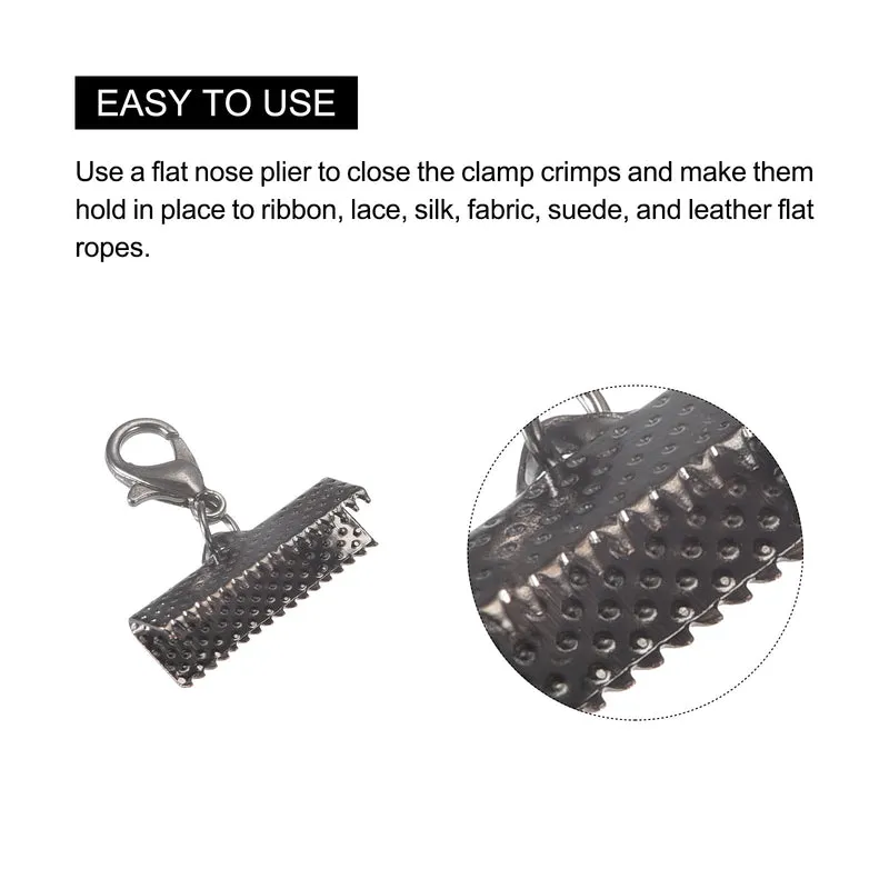 20Sets Ribbon Crimp Clamp Ends with Lobster Claw Clasps & Extension Chain, 20mm Cord End Clasps for DIY Craft Making, Metallic Black