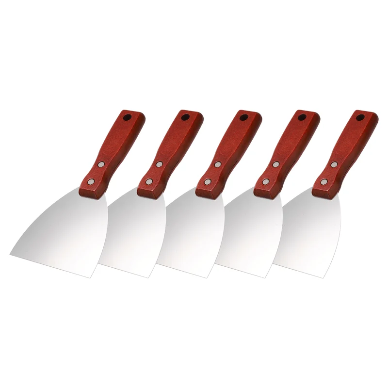 5Pcs 4" Putty Knife Wooden Handle Stainless Steel Taping Knife, Red Wood(100mm)