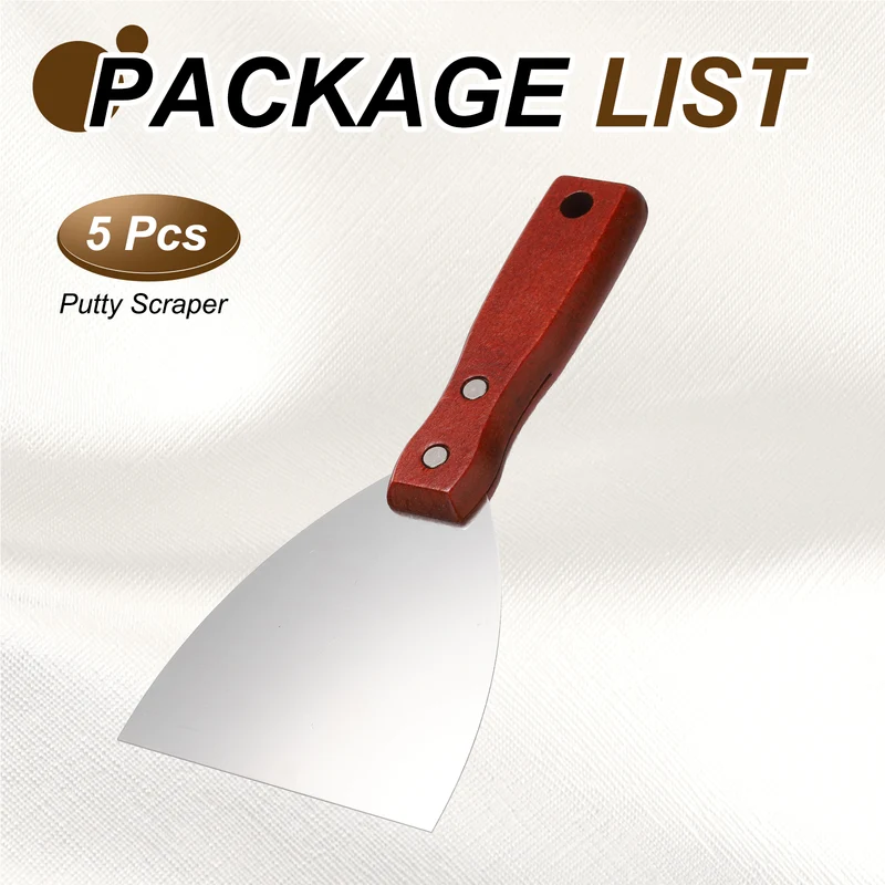 5Pcs 4" Putty Knife Wooden Handle Stainless Steel Taping Knife, Red Wood(100mm)