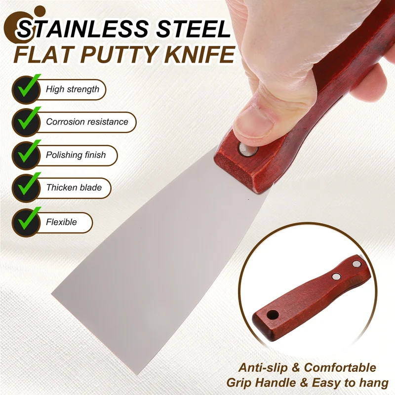 5Pcs 4" Putty Knife Wooden Handle Stainless Steel Taping Knife, Red Wood(100mm)