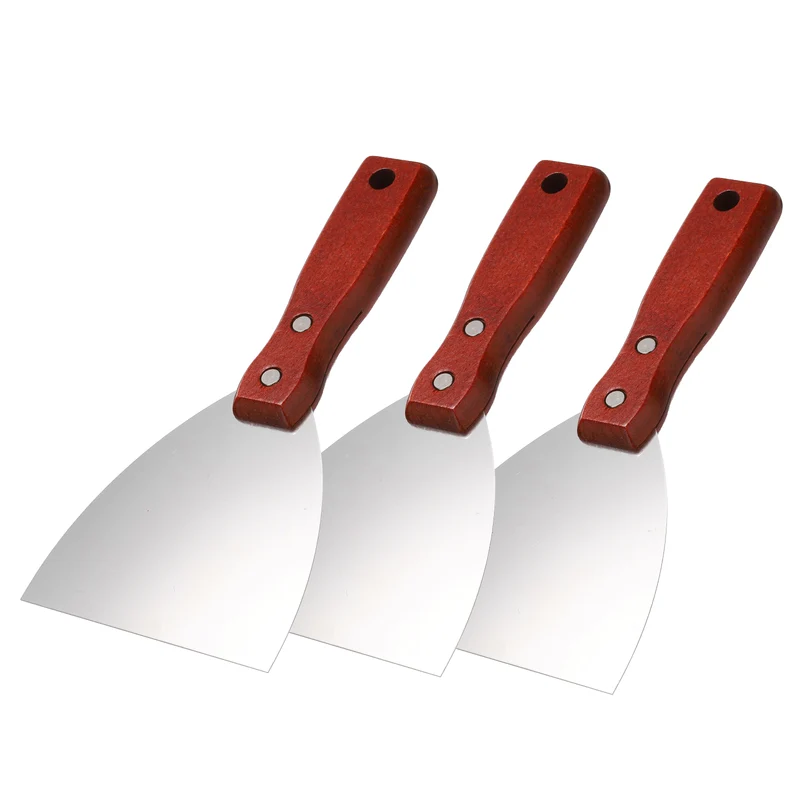 3Pcs 4" Putty Knife Wooden Handle Stainless Steel Taping Knife, Red Wood(100mm)