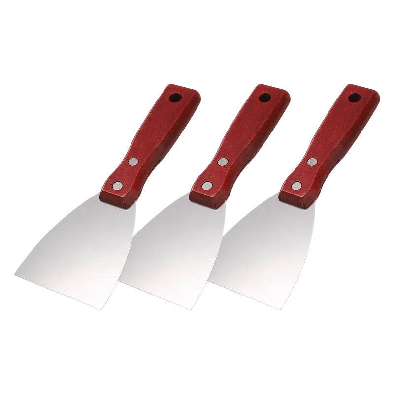 3Pcs 3" Putty Knife Wooden Handle Stainless Steel Taping Knife, Red Wood(75mm)