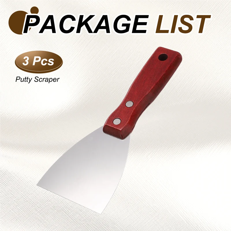 3Pcs 3" Putty Knife Wooden Handle Stainless Steel Taping Knife, Red Wood(75mm)