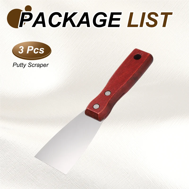 3Pcs 2" Putty Knife Wooden Handle Stainless Steel Taping Knife, Red Wood(50mm)