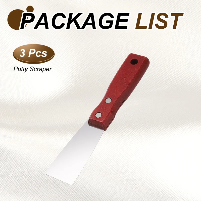 3Pcs 1" Putty Knife Wooden Handle Stainless Steel Taping Knife, Red Wood(38mm)